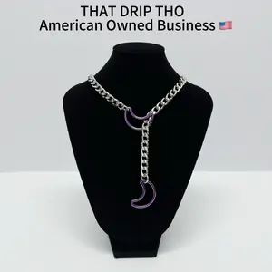 ThatDripTho Double Moon Pendants Slip Chain Necklace for Women & Men, Unisex Alt Fashion Adjustable Punk Rock Lariat with Moon-Shaped O-Ring Casual Accessory for Daily Wear, Valentines Gifts, Birthday Gift