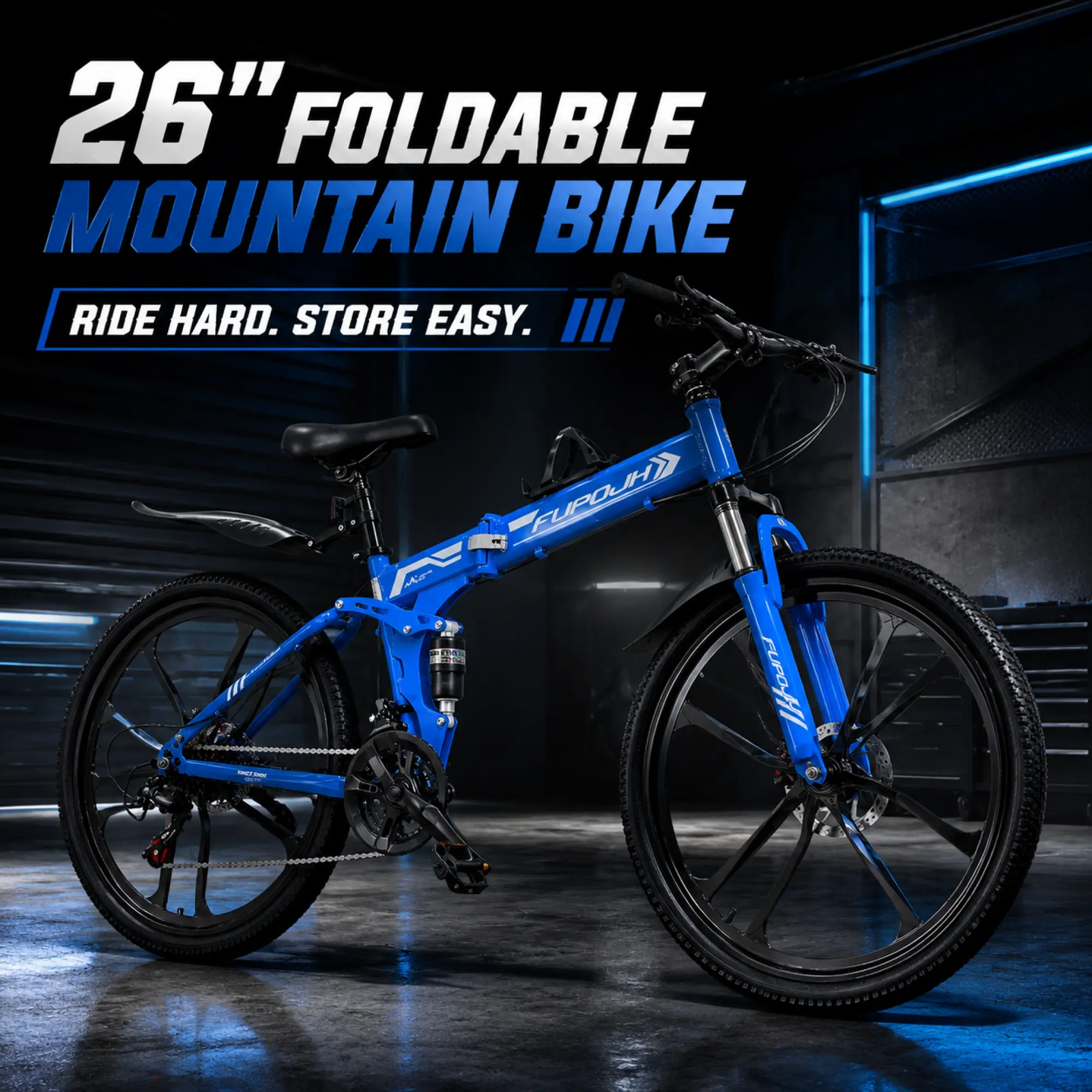 FUPOJH 26-Inch Folding Mountain Bike - 21 Speed, Aluminum Alloy Frame, Full Suspension, Dual Disc Brakes, Lightweight Foldable Design, Front Suspension Fork, All Terrain MTB Adventure Bike for Trail Riding, Camping, Commuting
