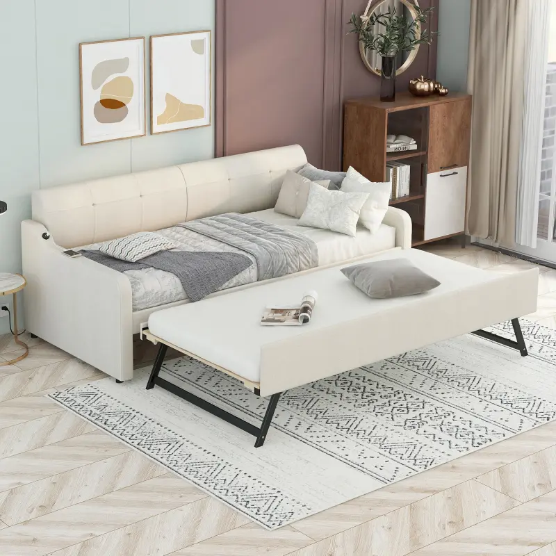 Twin Size Woven Fabric Upholstered Daybed with Pull-Out Trundle, USB Charging, Wood Slats, 6'' Frame - Trundle Flattens or Erects, 114lb Capacity for Living Room Bedroom