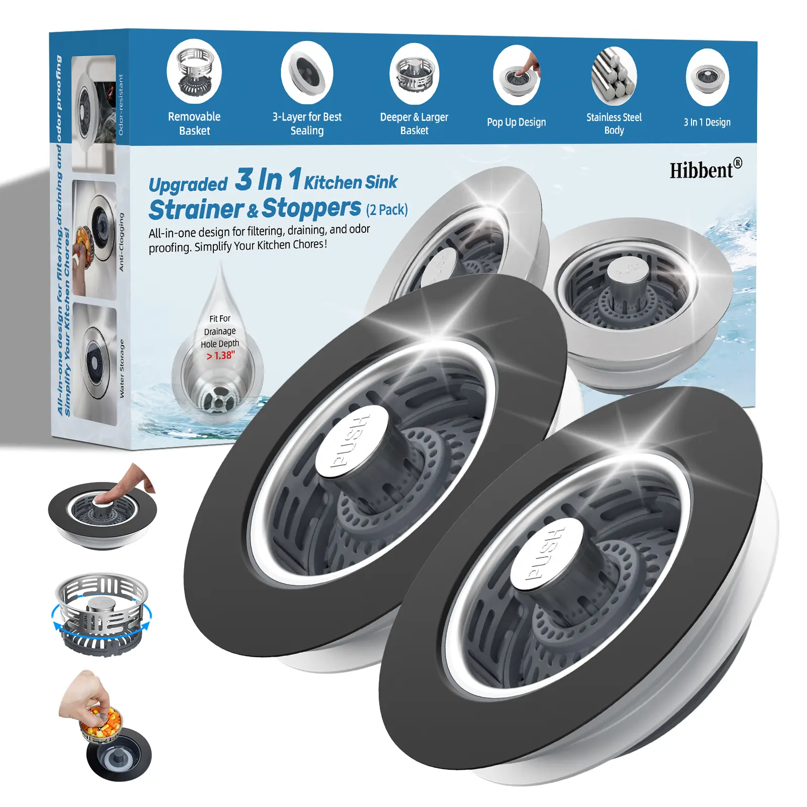 Hibbent Upgraded 3 in 1 Kitchen Sink Drain Strainer, Stainless Steel Pop Up Sink Stopper, Larger Anti-Clogging Basket, 3-Layer Seal, Detachable Drain Plug for US Standard 3-1/2" Drain, Matte Black,summervibes,campingessentials,campinggear