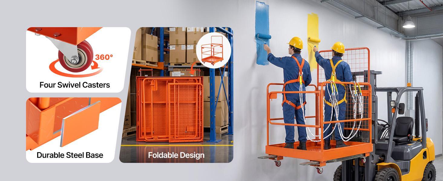 VEVOR Forklift Safety Cage, 36.2 x 41.1 Inch, Forklift Man Basket with 4 Wheels, 1200 lbs Capacity, Heavy Duty Work Platform Collapsible Lift Basket, Safety Harness, for Aerial Work Lifting Loader