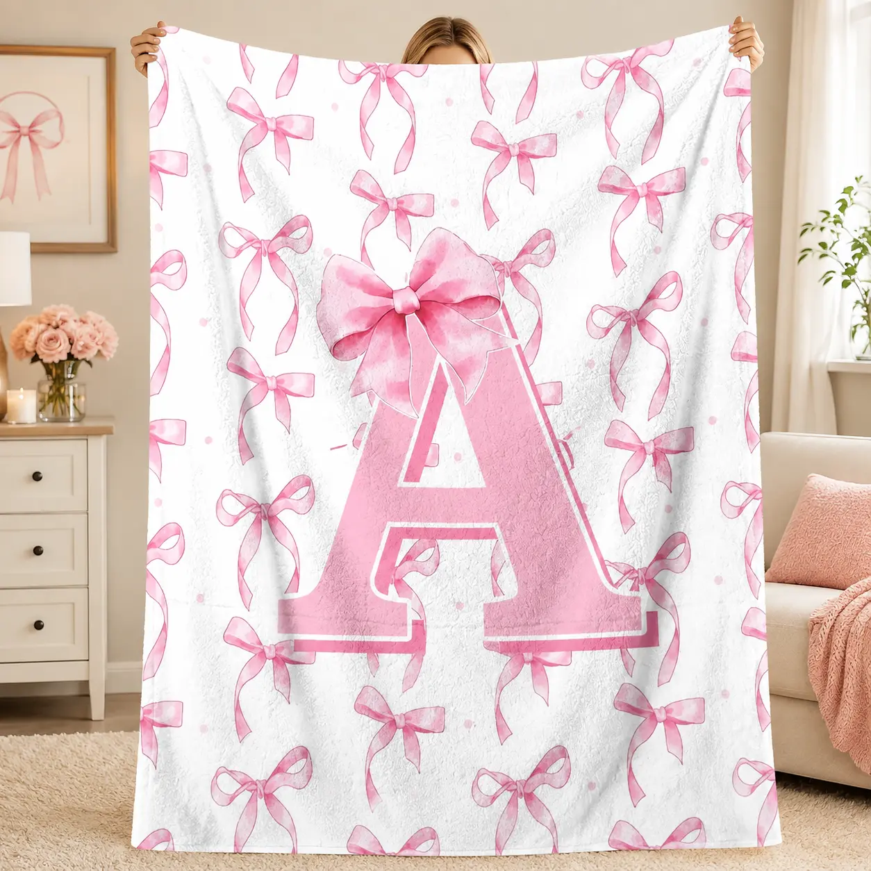 A-Z Personalized Initial Flannel Blanket, Pink Bow Monogram Throw Blanket, Cute Coquette Letter Design, Soft Cozy Blanket for Girls Women, Bedroom Couch Dorm Decor, Birthday Gift