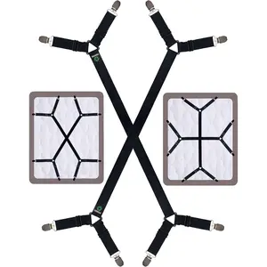 Bed Sheet Straps - Crisscross Fitted Sheet Clips and Sheet Holder Elastic Bands Bedsheet Fasten Suspenders Grippers, 2 count/Set Black