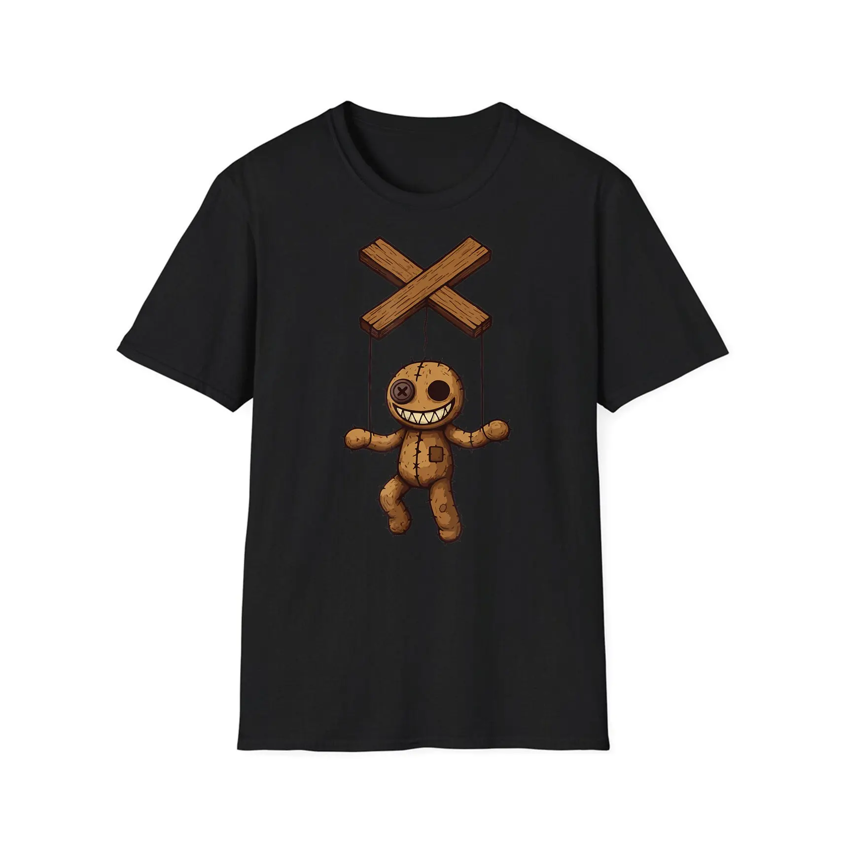 Grimstring – Spooky Playful Puppet Marionette Cartoon T-Shirt Casual Crew Neck, Short Sleeve T-Shirt
