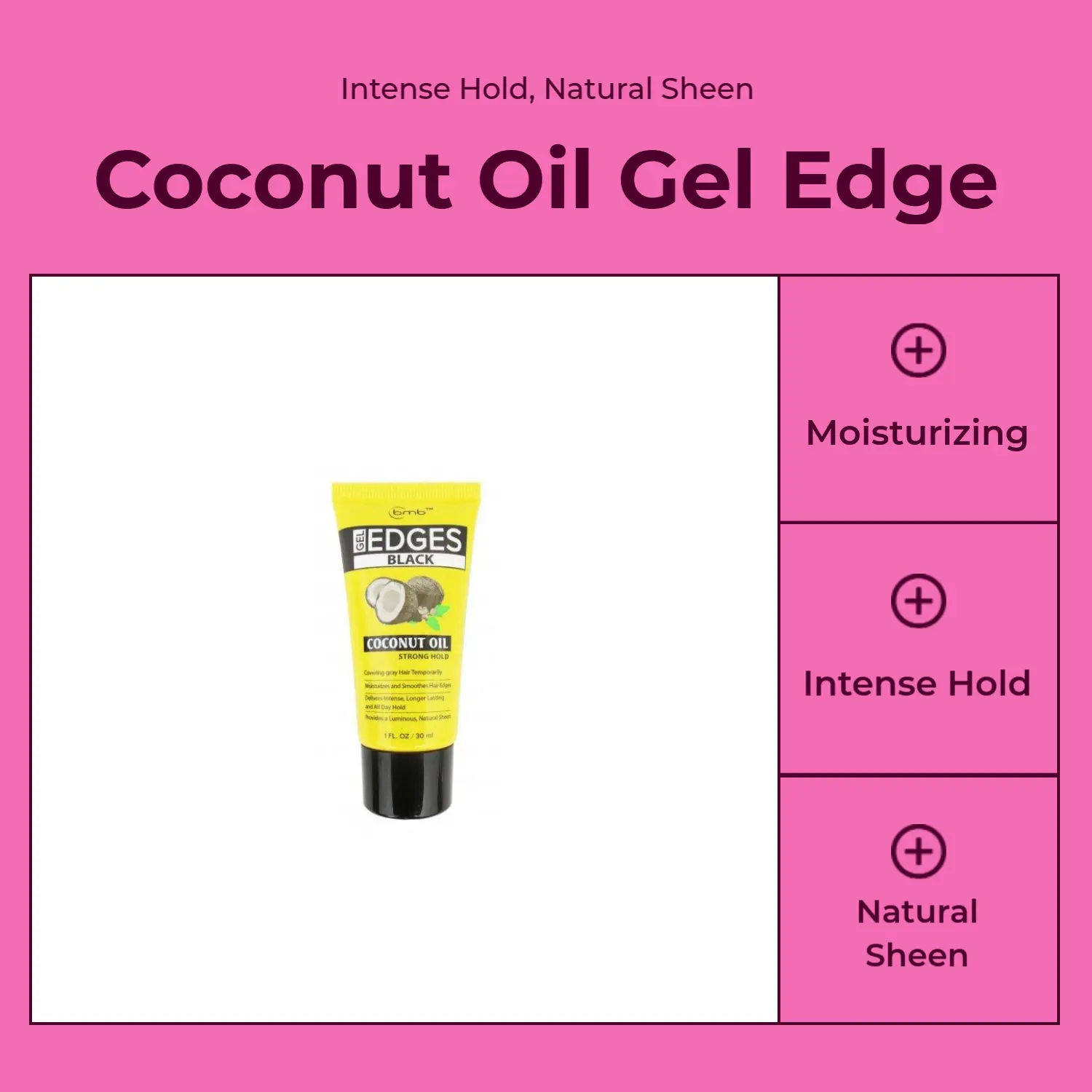 Coconut Black Edge Styling Gel - 1 oz Normal Hair Care Product with All-Day Intense Hold, Frizz Control, Natural Sheen, Moisturizing, Smoothing & Curl Enhancing Formula (Paraben-Free, Sulfate-Free), Natural Shine, Smoothing Formula