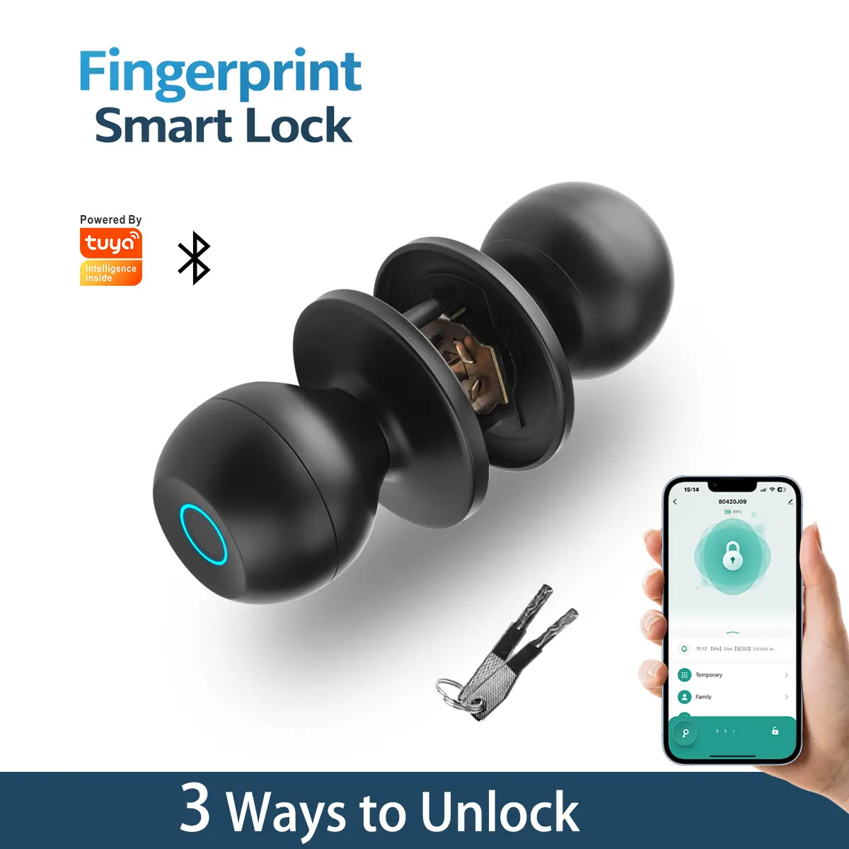 3-in-1 Fingerprint Smart Door Knob - Keyless Entry Door Lock with Bluetooth Control, Local Data Storage, Auto-Lock, Batteries, Ideal for Home Bedrooms, Garage (Great Housewarming Gift for Parents) Door Hardware