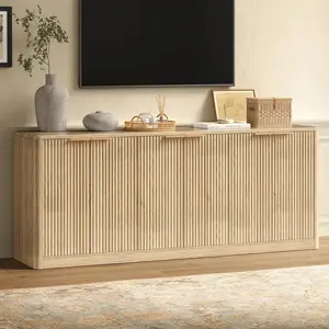 67" Oak Fluted TV Stand for TVs up tp 75", Mid-Century Modern Entertainment Center with Storage Cabinets and Fluted Doors, Wood Media TV Consoles for Living Room