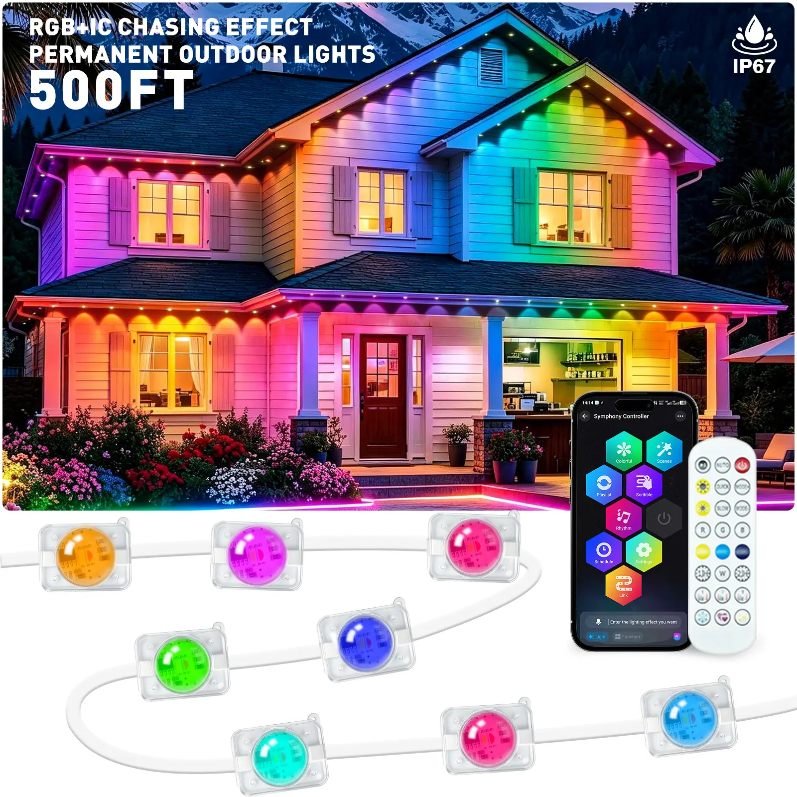 Permanent Outdoor Lights RGB IC for House Waterproof, IP67 LED Eave Lights with App/Remote Control, Outdoor Permanent led Lighting for House Roof Decor,Christmas,Party,All Holiday and Daily homemakeover