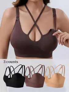 Maternity Solid Color Cross Strap Seamless Soft Wirefree Nursing Bra, 3 Counts/set Comfortable Breathable Removable Chest Pad Wireless Bra, Maternity Underwear for All Seasons