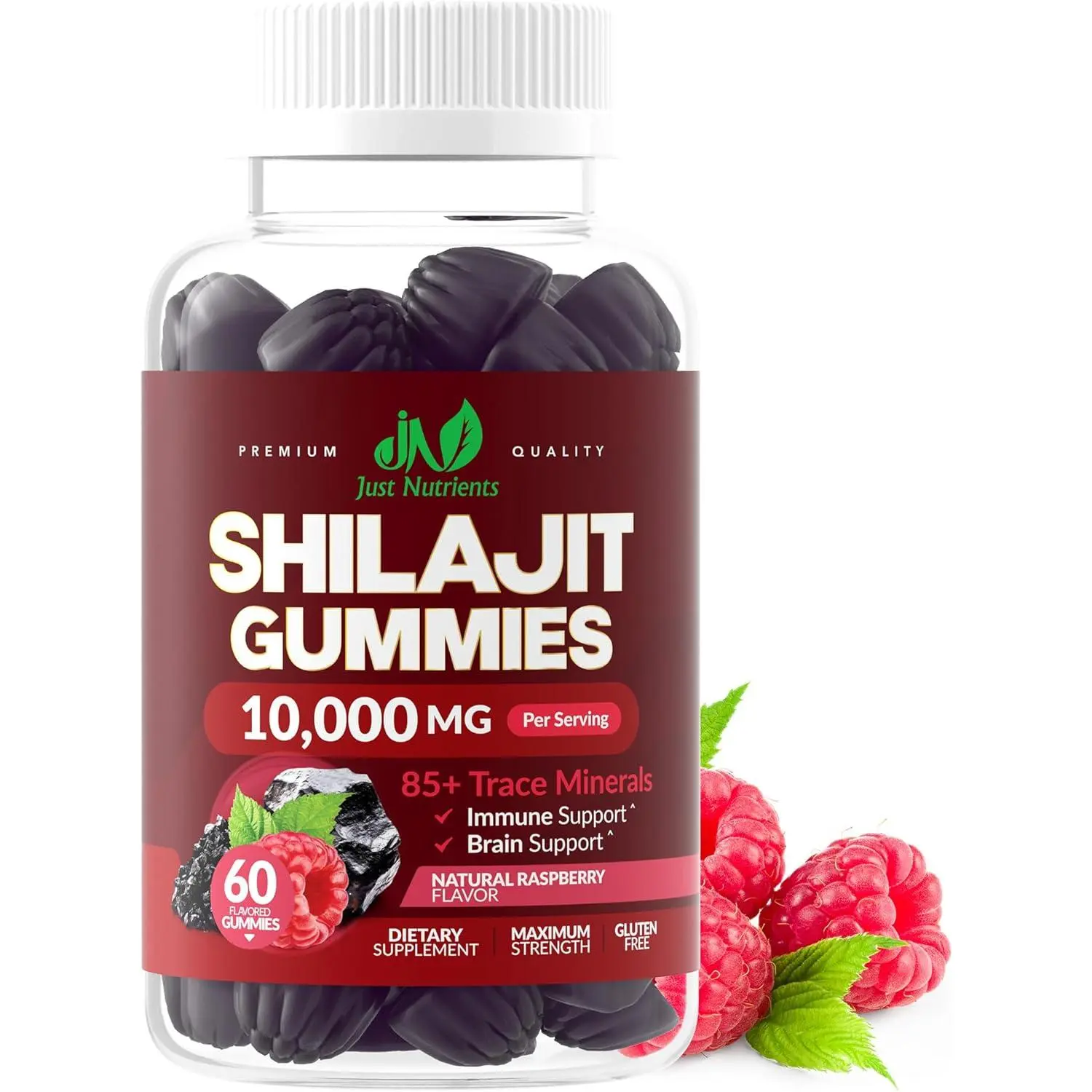 Just Nutrients Shilajit Gummies for Men & Women - Maximum Strength Pure Himalayan Shilajit, Gluten-Free, Non-GMO, 100% Vegetarian - Natural Raspberry Flavor - 60 Count