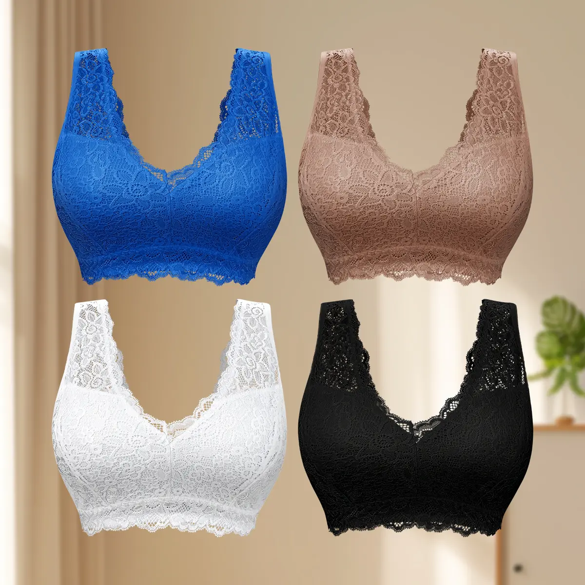Womenswear Women's Plus Size Lace Wireless Bralette - 1pc, Elegant V-Neck, Scalloped Lace Trim, Seamless Stretchy Fabric, Breathable Comfort Support, Curvy Fit, S-XXL Sizes