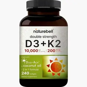 Vitamin Double Strength D3 + K2-240 Softgels - 10,000 IU Vitamin D & 200mcg K2 - Bone Strength, Immune Function & Calcium Absorption Support* - Coconut Oil Infused
