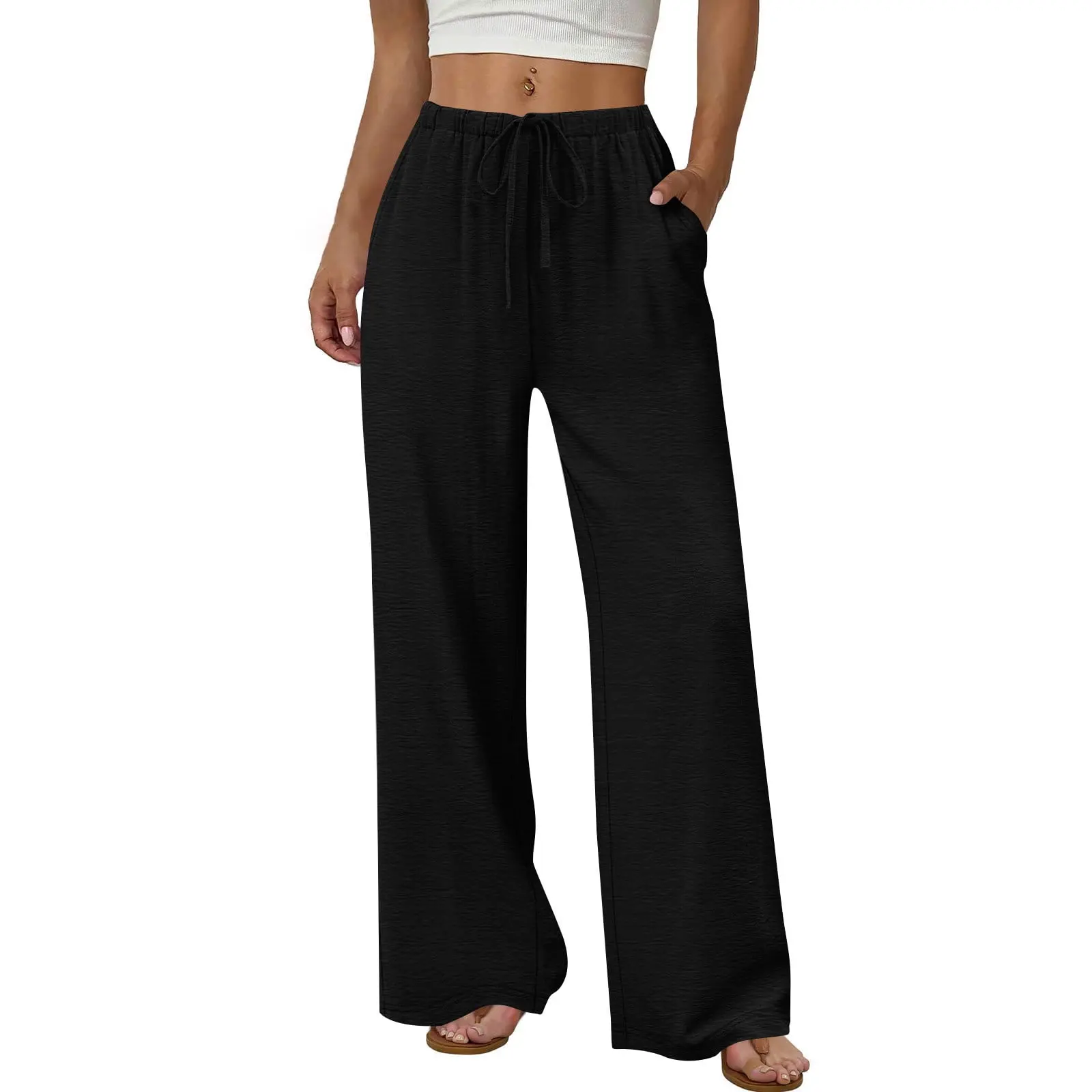 NEW Women Smocked High Waist Wide Leg Pants, Lightweight Textured Loose Palazzo Trousers, Elastic Shirred Waist Casual Flow Long Pants With Side Pockets, Soft Breathable Vacation Beach Lounge Pants