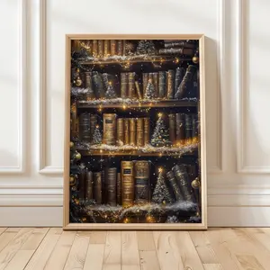 Christmas Bookshelf Art Print | Reading Nook Christmas Decor | Book Lover Holiday Wall Art | Festive for Home Library .Poster Xmas Wall Decor - No Frame