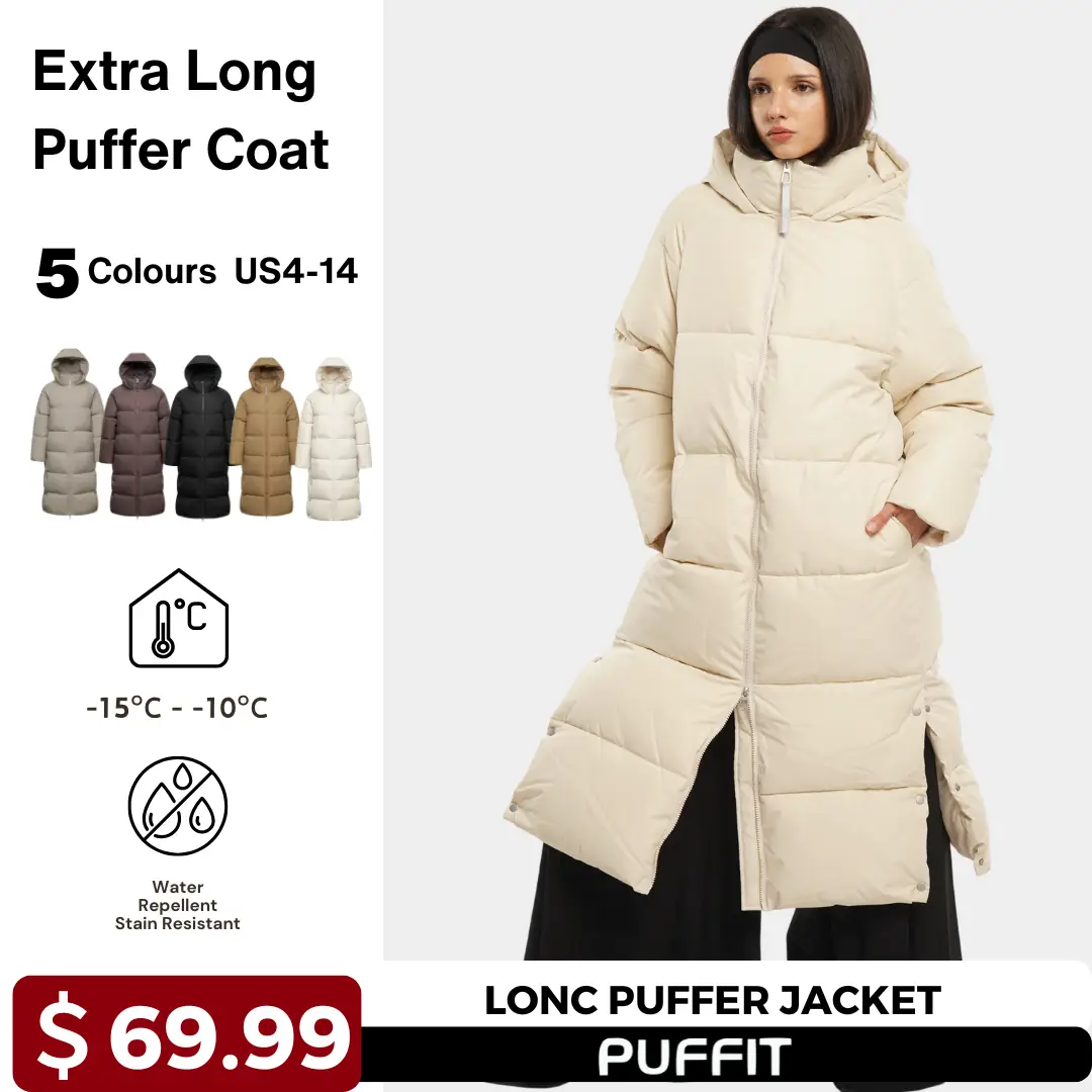 PUFFIT Extra Long Double-open Zip Hooded Puffer Jacket Womenswear Coats, Thicken Warm Winter Coat for Women, Water Repellent,Two-Way Zipper #FallFres