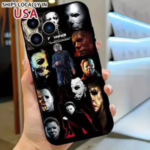 Halloween Horror Movie Character Pattern iPhone Phone Case, Shockproof with Lens Protection, Black TPU for iPhone 11/ 12/ 13/ 14/ 15 Pro Max