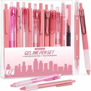 12PCS Gel Pens Set with Highlighter - 0.5mm Fine Point Black Ink, Fast-Drying Retractable Aesthetic Look Pens for Precise Writing, Journaling (Red)