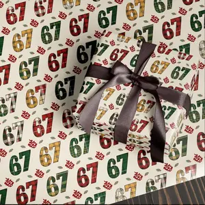 Funny 67 Christmas Wrapping Paper, Santa Meme Gift Wrap for Kids, Red and Green Plaid Holiday Gift Wrap Roll, Hilarious Christmas Gift Idea