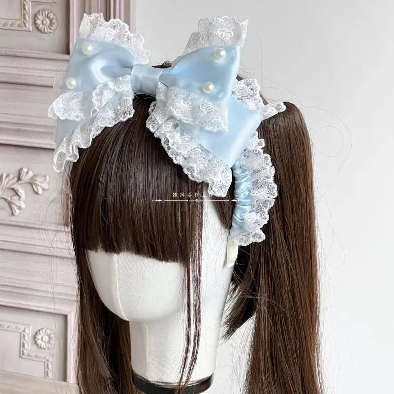 Lolita Style Headband with Ruffled Lace and Pearl Accents, Handmade Cute Bow in Pink and Blue, Harajuku Fashion Hair Accessory, Lolita Look, Plastic Base, All Seasons