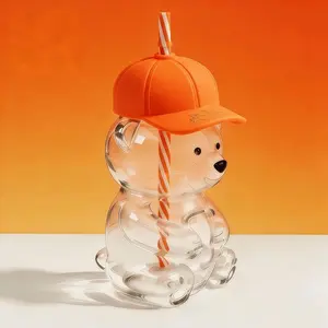Cute Bear Shaped Glass Cup Bottle, Premium Water Bottle, 20oz Capacity, Hat Lid, Ideal for Coffee, Juice, Milk, Tea, Includes Free Straw and Lid