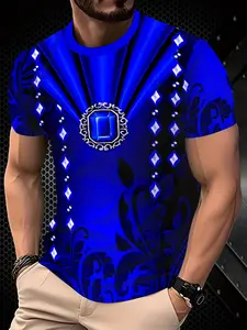 Men's Trendy Blue Sapphire Crown Diamond Inlay 3D Print Short Sleeve T-Shirt 2026 Viral Street Luxury Noble Style Personality Fashion Casual Versatile Slim Fit Standard Bodycon Muscle Guy Four Seasons Essential Ins Net Red Same Handsome Top
