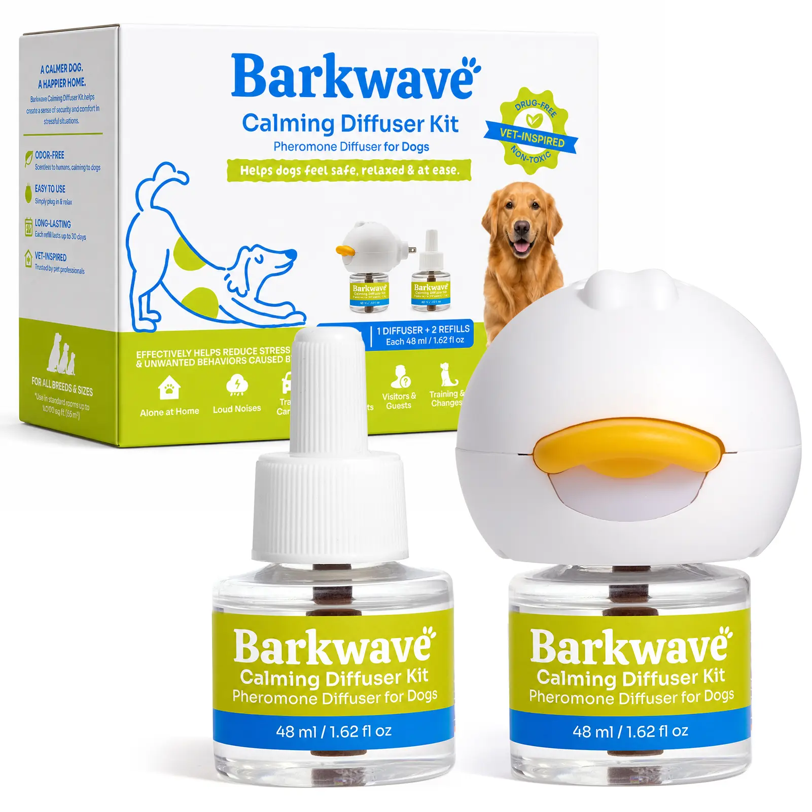 Barkwave Dog Calming Pheromone Diffuser, 1 Plug-In + 2 Refills, 60-Day Supply, Fragrance-Free, Up to 700 Sq Ft