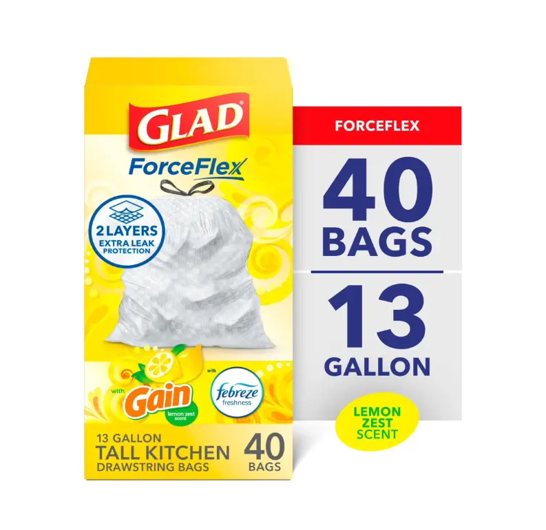 ForceFlex Tall Kitchen Drawstring Trash Bags, 13 Gal, Gain Lemon Zest Febreze, 40 Count