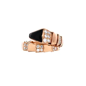 Pre-owned Bvlgari Serpenti Viper One-Coil Ring 18K Rose Gold with Onyx and Semi Pave Diamonds Wide by Rebag