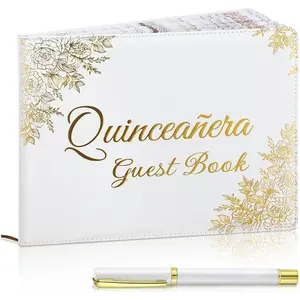 Quinceanera Guest Book with Pen 11 x 8 Inch Libro De Firmas Para 15 Anos Quinceanera Leather Hardcover Signature Book Guest Sign in for 15th Party Favors Decoration (White ,Floral)