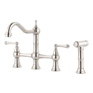 WOWOW Bridge Kitchen Faucet with Side Sprayer, Solid Brass Kitchen Faucet for Sink 4 Hole Polished Nickel Kitchen Sink Faucet