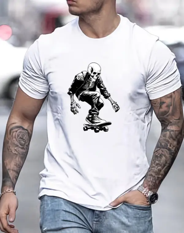 Skeleton Skateboarder Graphic T-Shirt, Vintage Black White Skull Skater Tee, Streetwear Punk Skeleton Riding Skateboard Short Sleeve, Cool Gothic Skate Culture Top For Men