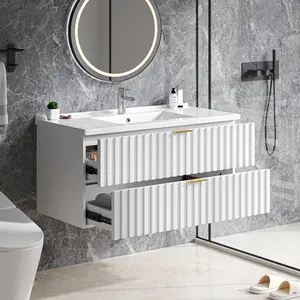 【Valentine's Day gift】ONBRILL Bathroom Vanity with Sink Combo, Floating Bathroom Vanity with 2 Fluted Drawers & Metal Handle, Modern Wall Mount Storage Cabinet with Ceramic Integrated Sink for Small Space