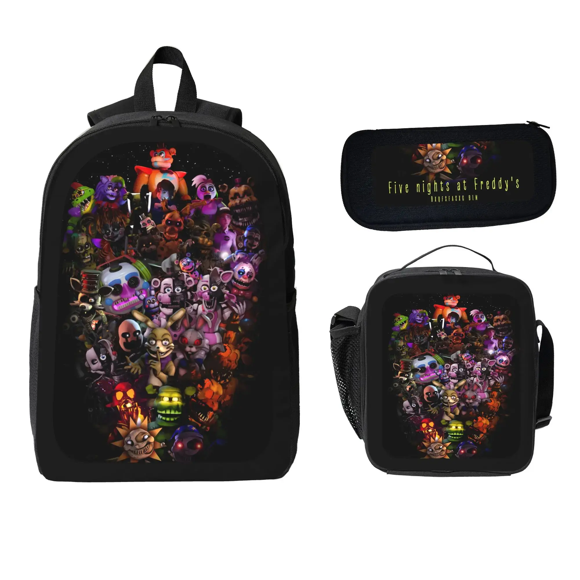 FNAF Anime Character 3Pcs School Supplies Set - 17" Backpack with Insulated Lunch Bag & Pencil Case for Boys Girls, Cool Five Nights at Freddy's Graphic School Bag Combo
