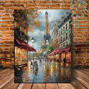 1pc Wooden Framed Canvas Painting - Eiffel Tower Paris Street Scenery Art Print, Autumn Colors Romantic Cityscape Wall Decor for Bedroom & Living Room, Ready to Hang Gift, Paris Room Decor, Bedroom Artwork, Classic Parisian Vibe, Deep Color Palette	