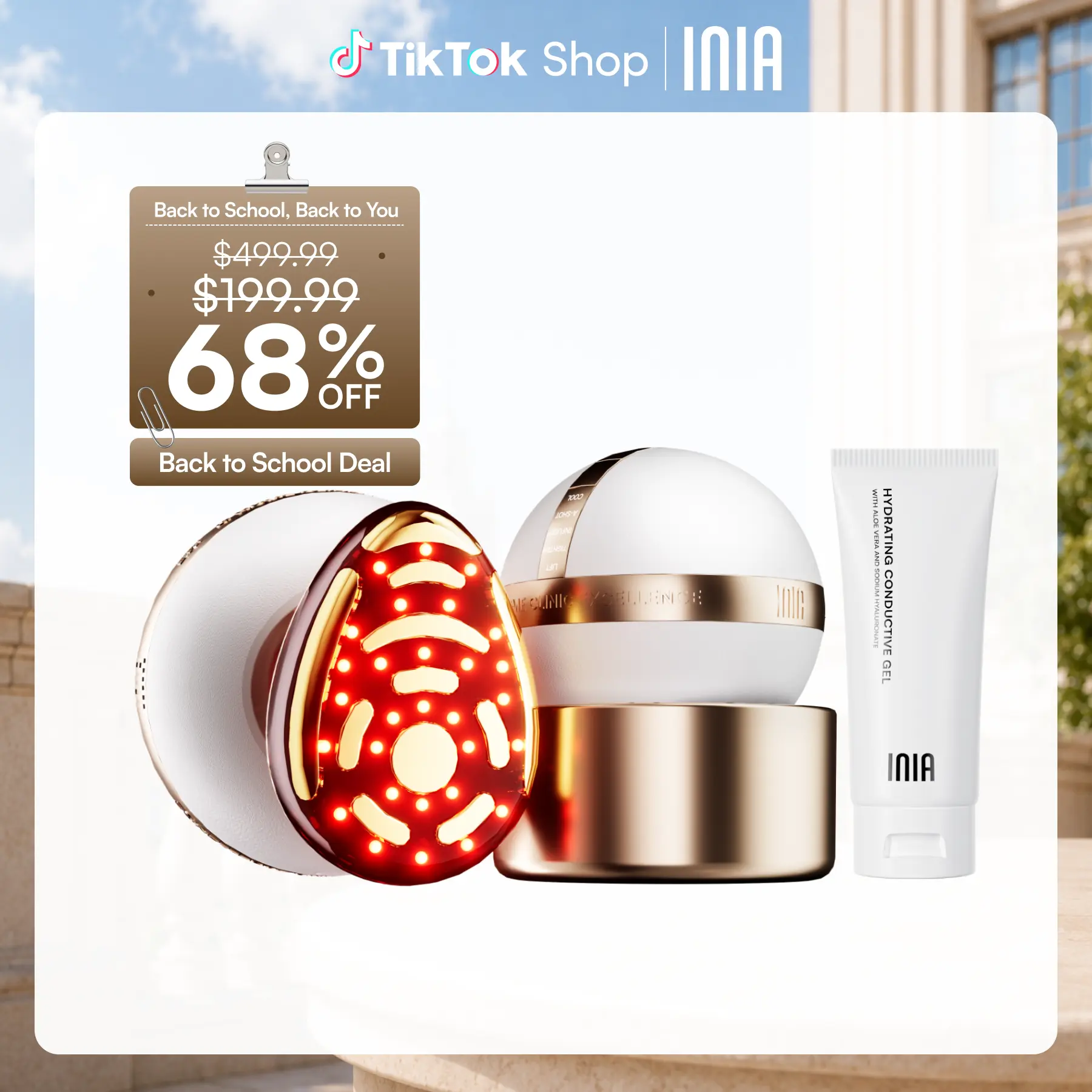 INIA SPHERA At-Home RF & LED Anti-Aging Facial Device - Rechargeable Battery-Powered, with EMS Microcurrent, Red Light Therapy, Electroporation, Cryo Cooling for Adult Selfcare, All Batteries Included Summer Travel Accessory