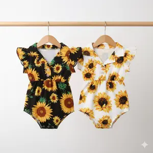 Sunflower Pattern Baby Romper - Flying Sleeve V-Neck Jumpsuit, Casual Button Bodysuit Newborn & Toddler Girl Summer Clothes