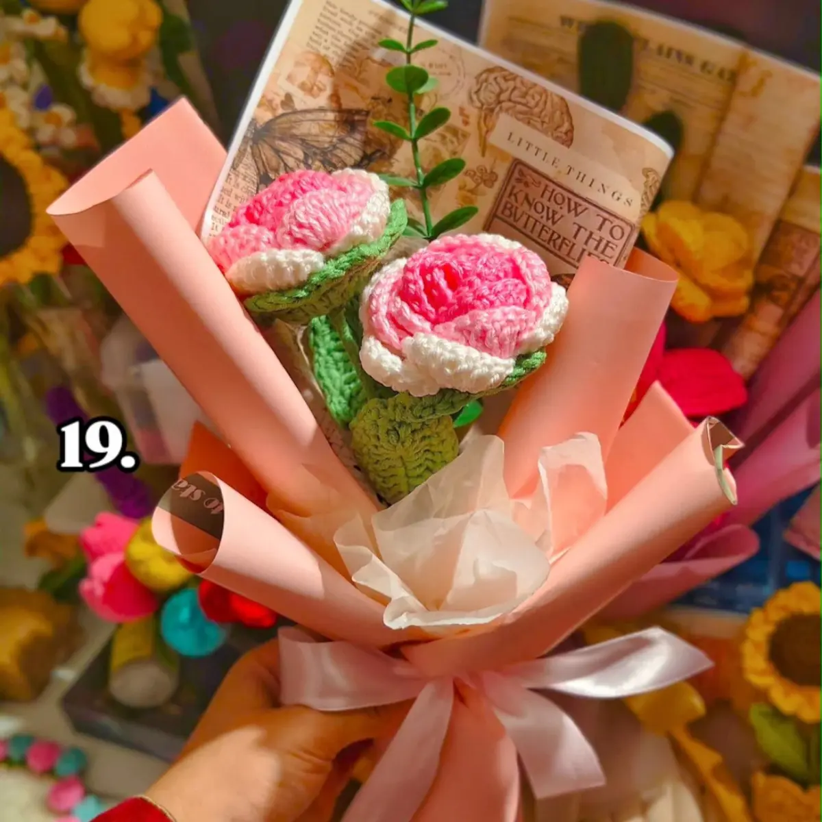 Handmade Crochet Pink Rose Bouquet 12 Inch Gift Bouquet with Leaves Soft Elegant Premium Yarn Fiberfill Artificial Greenery Perfect for Decor Celebrations