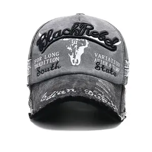 American Cotton Retro Washed Distressed Embroidered Snapback Cap - Black Rebel Embroidery, Edgy Ripped Details, Adjustable Streetwear Hat