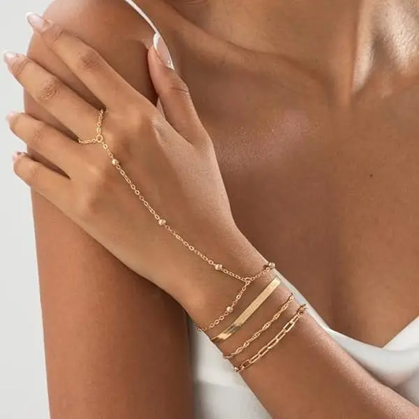 Hand Chain Bracelet for Women Stackable Gold Finger Ring Hand Chains Bracelets Dainty 14K Gold Plated Finger Ring Hand Chains Layered Trendy Link Bracelets Jewelry Gift