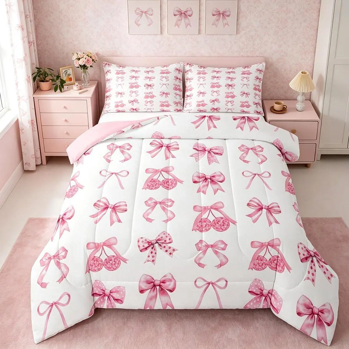 Pink Bow Kids Bedding Set,Boys Girls ,Disco Light Ball Print Comforter Set,Cute Coquette Bow Knot Ultra Soft Duvet Quilt,Butterfly Knot Princess Comforter Bowknot