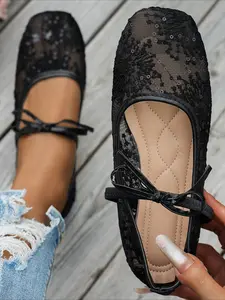 Women's Breathable Mesh Ballet Flat Shoes, Rhinestone Decor, Square Toe, Lace-Up Design, Marely Jane New Arrival, Casual Style, Breathable Flats