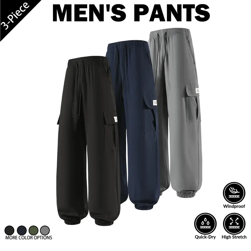 3-Pack Men's Cargo Jogger Pants, Windproof Quick-Dry High Elasticity, Suitable for Daily Commuting and Sports