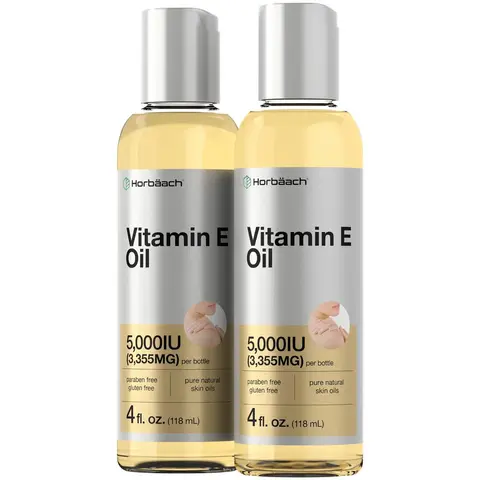Horbäach Vitamin E Oil | 5000 IU | 8 oz (2 x 4oz) Value Pack | for Skin, Hair, Face & Body | Vegetarian, Non-GMO, and Gluten Free Formula