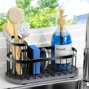 Sponge Holder for Kitchen Sink with High Brush Holder, [Stay-Dry Anywhere & No Drainage Needed] Rustproof Stainless Steel Kitchen Sink Caddy Organizer with Water Absorbing Stone Tray, Black HOKEMOM