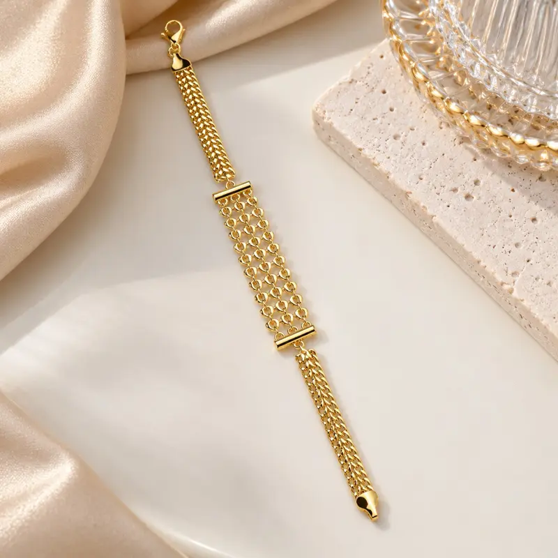 Elegant 14K Gold Plated Bracelet with Interlocking Chains and Heart Detail Perfect for Daily Wear and Special Events