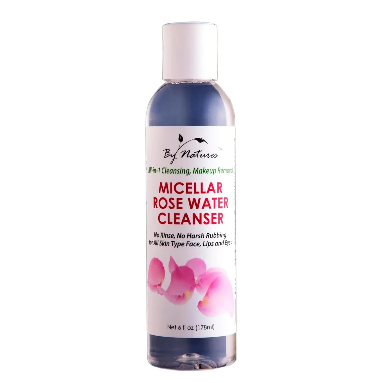By Natures Rose Water Micellar Liquid Makeup Remover Cleanser - Gentle for Adults, No Harsh Ingredients, All Skin Types, for Face-Lip & Eye, 6 fl oz Single Bottle, Face Lips Eyes