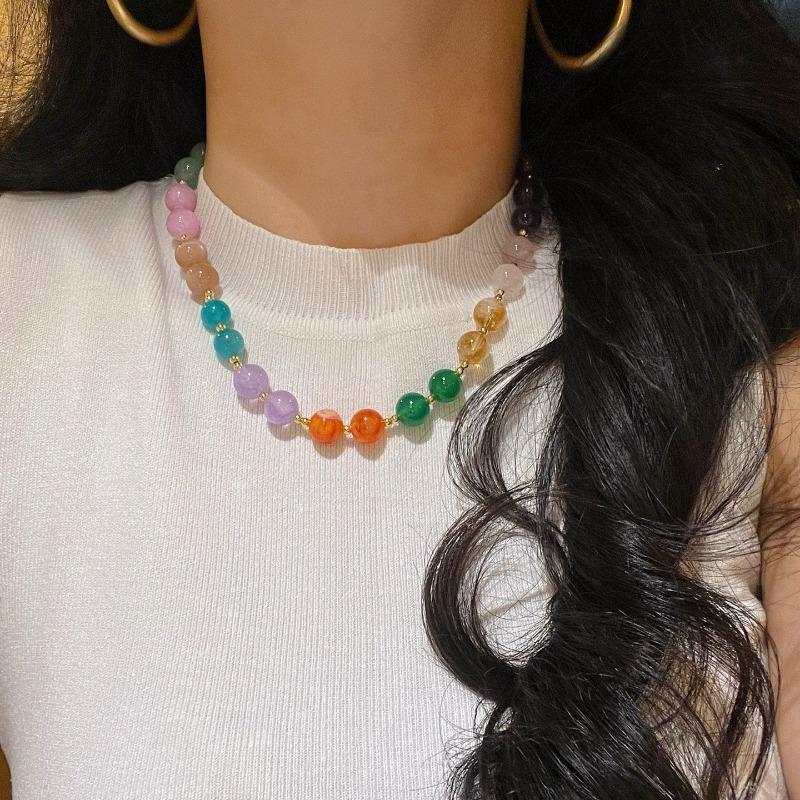 Women's Handmade Colorful Natural Stone Beaded Necklace - Multi-Color Gemstone Beads with Gold Accents, Boho-Chic Summer Beach Party Jewelry, Birthday Christmas Gift for Her