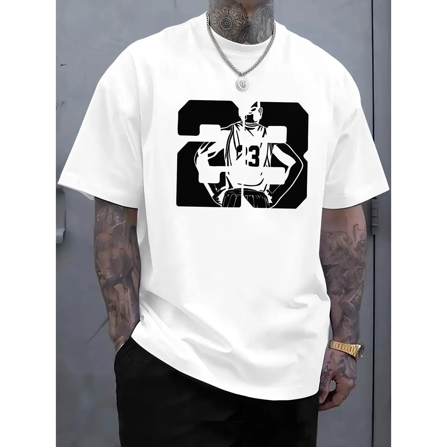 Men'S Summer Fashion 23 Basketball Player Print Short Sleeve T-Shirt, High-end Comfortable Casual Crew Neck Top, Trendy Relaxed Fit Tee with Slight Stretch for Casual Attire, Summer Casual Wear Trendy Sports Shirt Comfortable Fit