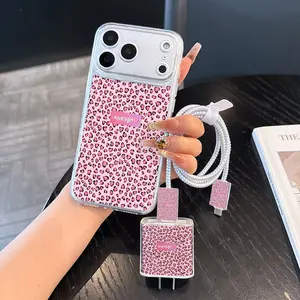 6 Piece Set Transparent Leopard Heart Phone Case, Charger Headband, Cable Protector, Storage Rope, Data Line Wrap, for iPhone 11-16 Pro Max