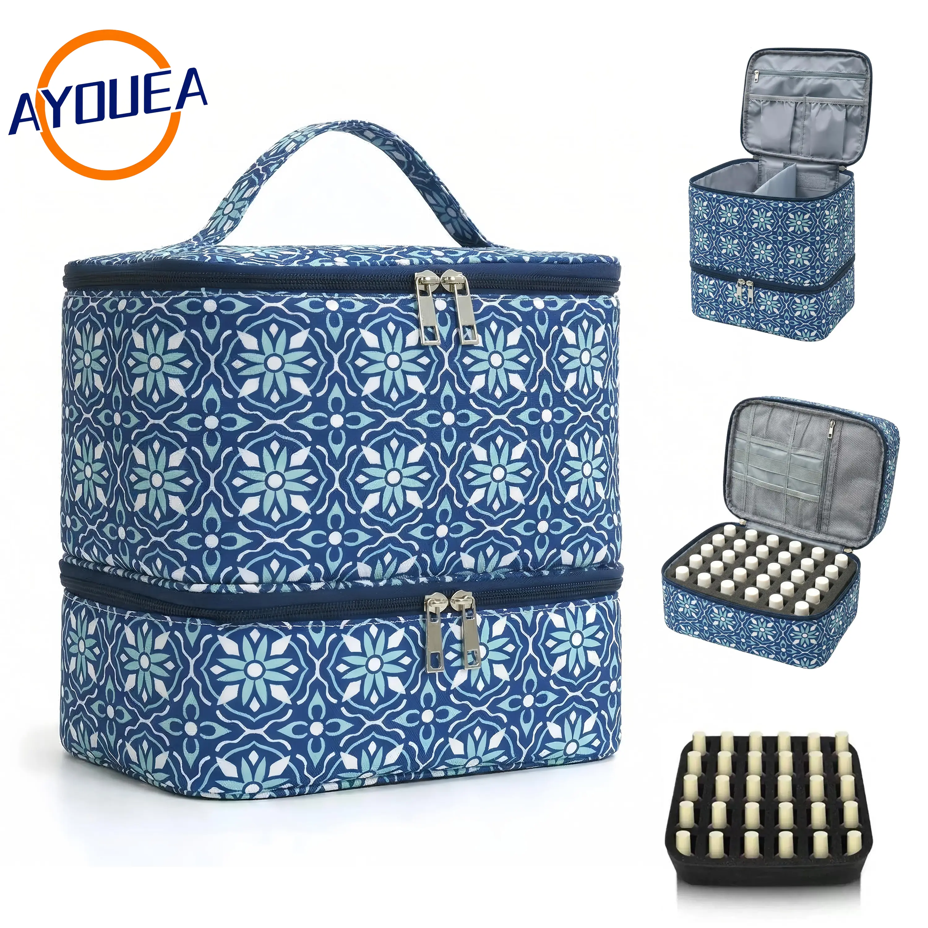 Double Layer Boho Nail Polish Organizer Bag with UV Light Lamp Storage Water-Resistant Quilted Nylon Portable Cosmetic Pouch Large Travel Makeup Case Multifunctional Manicure Tools Carrier Essential Oil Box Jewelry Accessories Gift for Women Minimalist